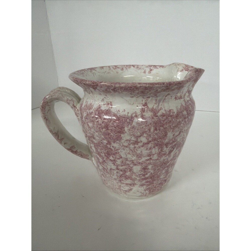 Vintage Pink Spongeware Pottery Pitcher Signed Handcrafted Studio Art 4.25”
